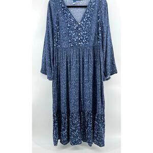 Old Navy Blue Floral Midi Dress Size S Tiered Boho CottageCore Peasant